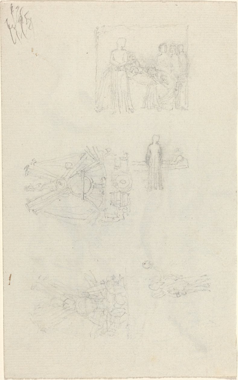 Studier av en sjuksäng och dekorationer för fasaden på Buckingham Palace [recto and verso] av John Flaxman