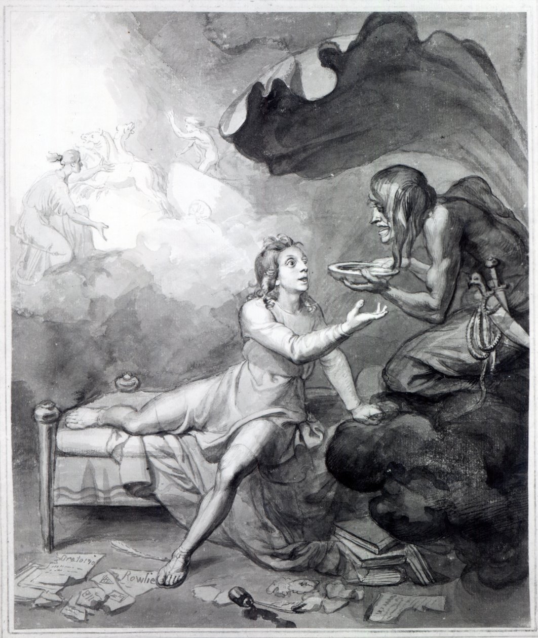 Thomas Chatterton får en skål med gift från Despair (penna, bläck och tvätt på papper) av John Flaxman
