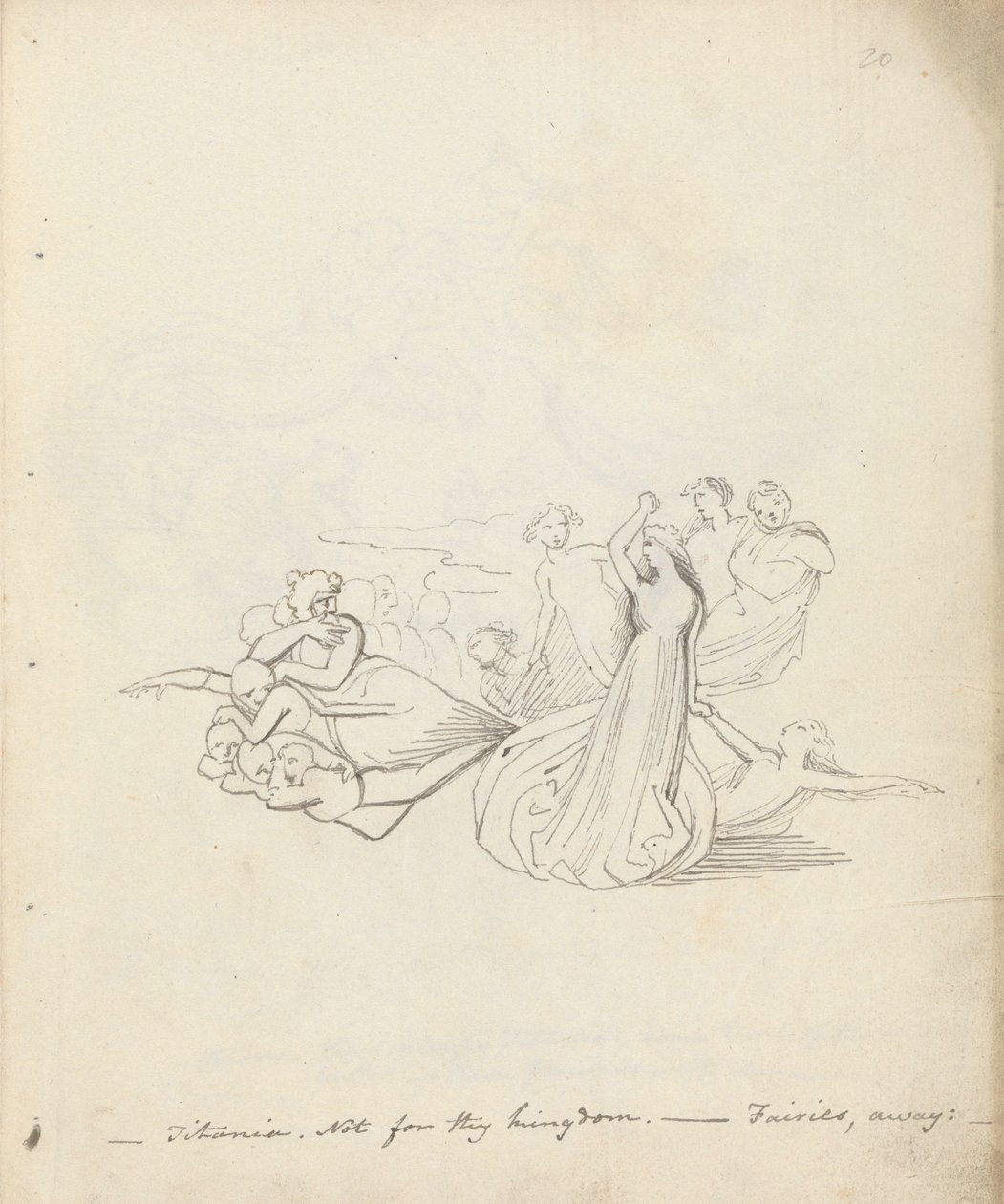 Titania. Inte för ditt rike. - Fairies away, 1783 (penna, bläck & tvätt på papper) av John Flaxman