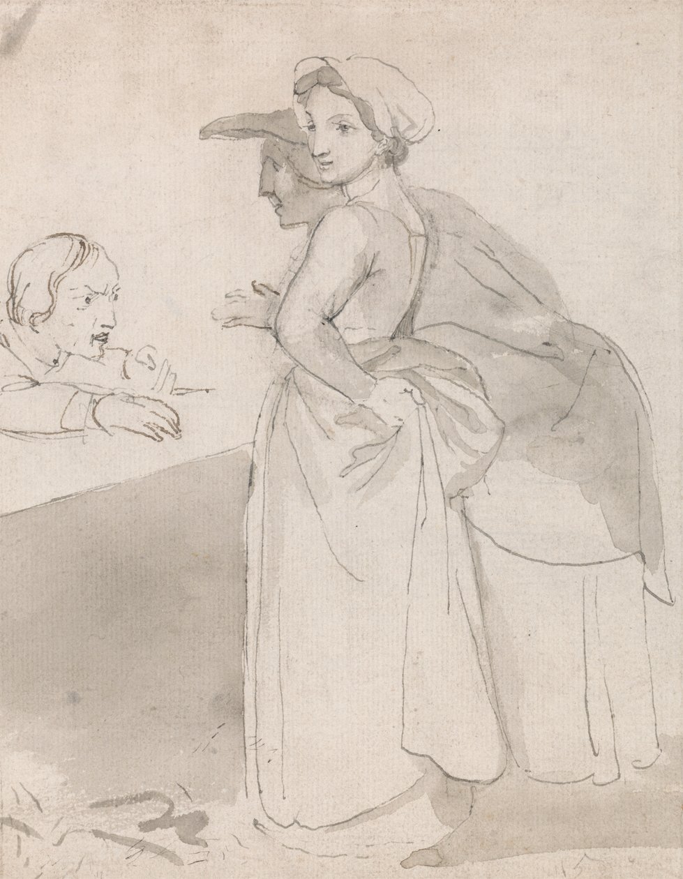 Två kvinnor som pratar med en man vid en disk av John Flaxman