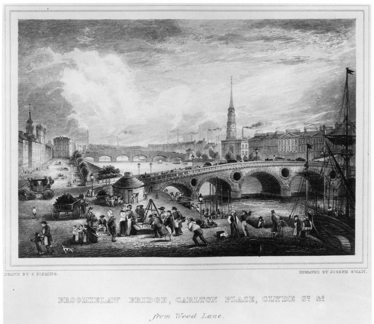 Broomielaw Bridge, Carlton Place, Clyde St., Glasgow, graverad av Joseph Swan, 1830 (gravyr) av John Fleming