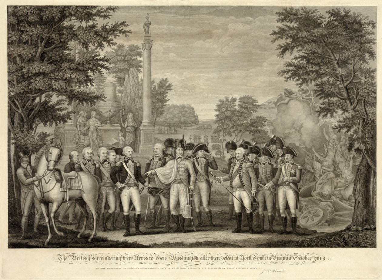 Britterna överlämnade sina vapen till general Washington efter deras nederlag i York Town i Virginia oktober 1781, pub. 1819 (gravyr) av John Francis (after) Renault