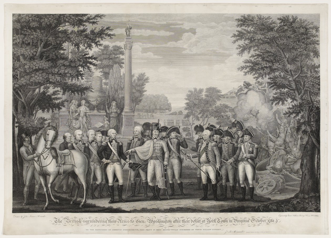 Britterna överlämnade sina vapen till Gen: Washington efter deras nederlag i York Town i Virginia oktober 1781. av John Francis (after) Renault