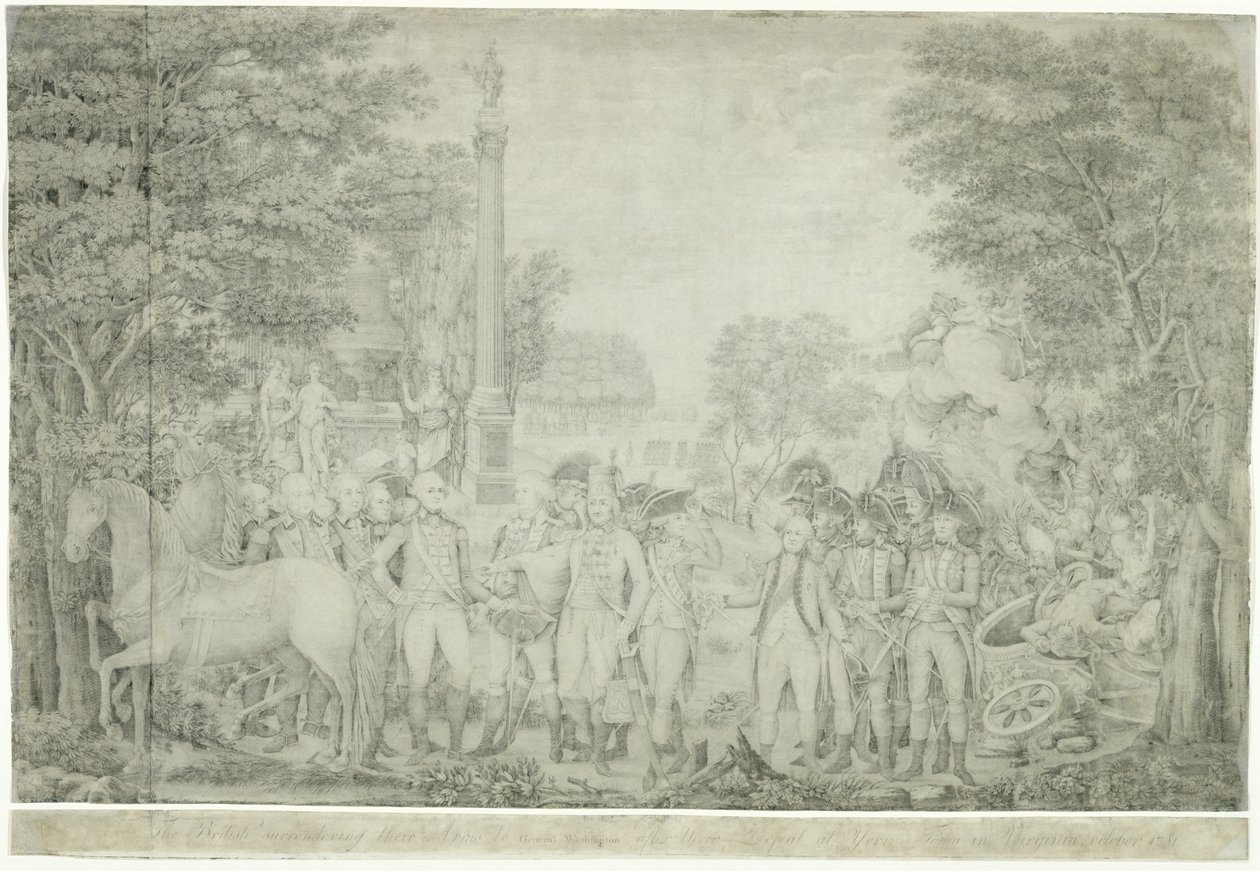 Britterna överlämnade sina vapen till general Washington efter deras nederlag i Yorktown i Virginia, oktober 1781, 1810-1815 av John Francis Renault