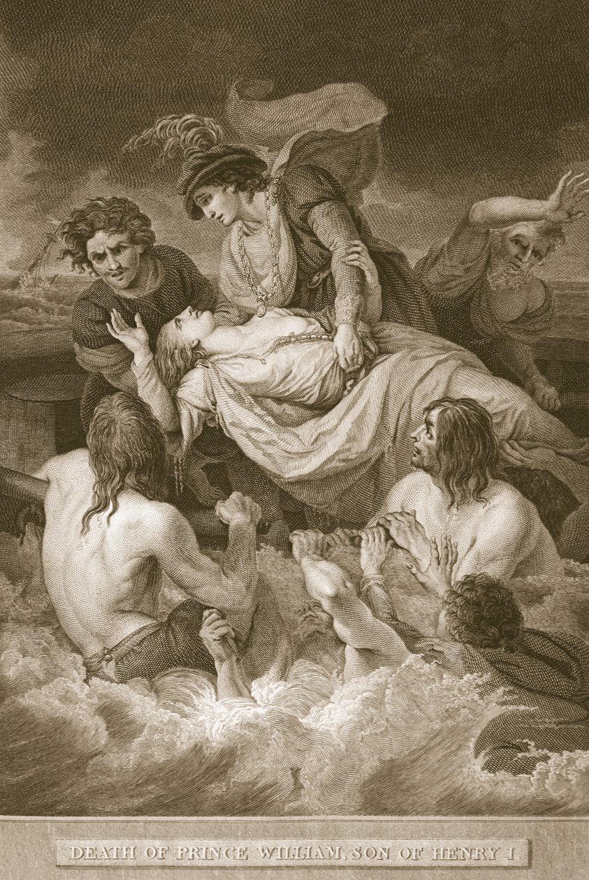 Prins Williams död, son till Henry I, graverad av J. Stow, illustration från David Humes "The History of England", pub. av R. Bowyer, London, 1812 av John Francis Rigaud