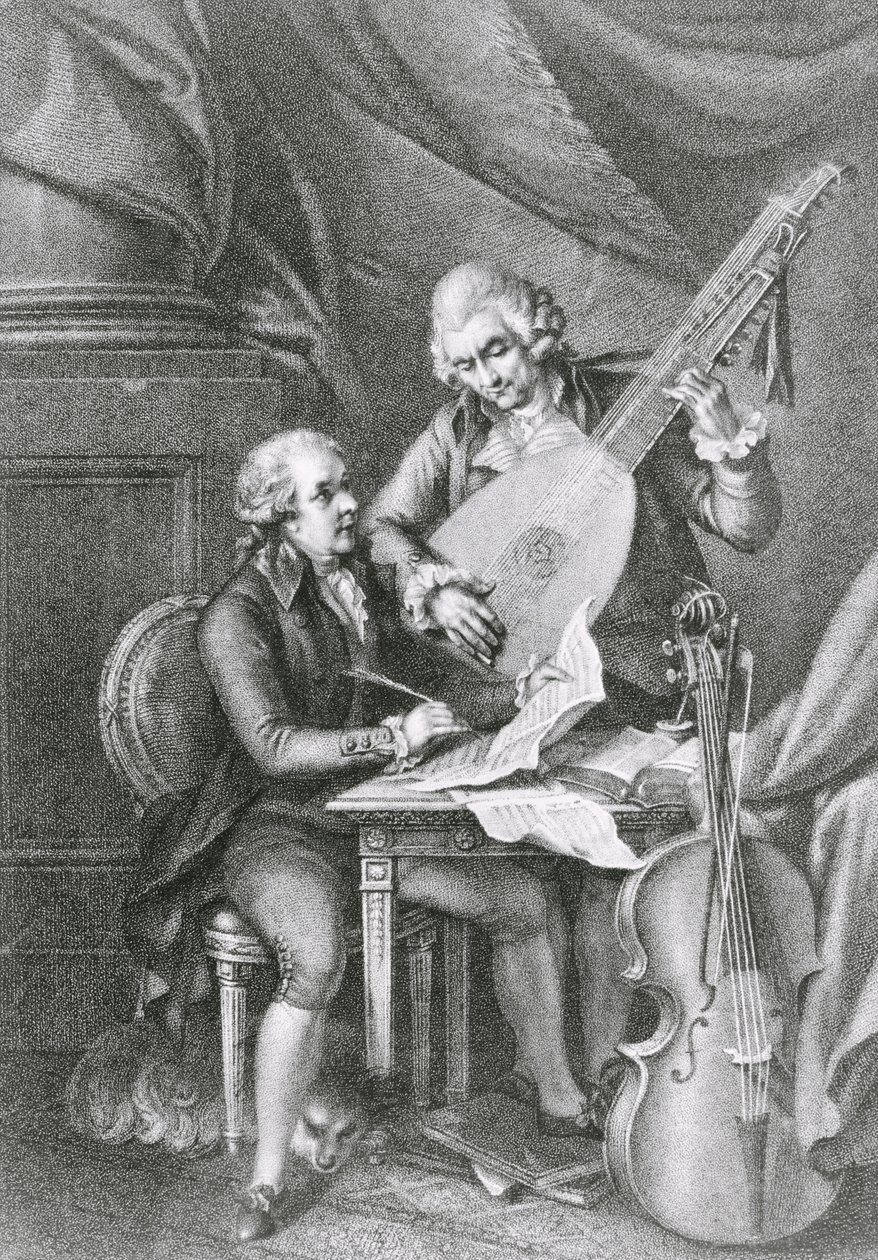 Porträtt av Franz Joseph Haydn (1732-1809) och Wolfgang Amadeus Mozart (1756-91) som komponerar musik för luta, graverat av Michele Benedetti (1745-1810) av John Francis Rigaud