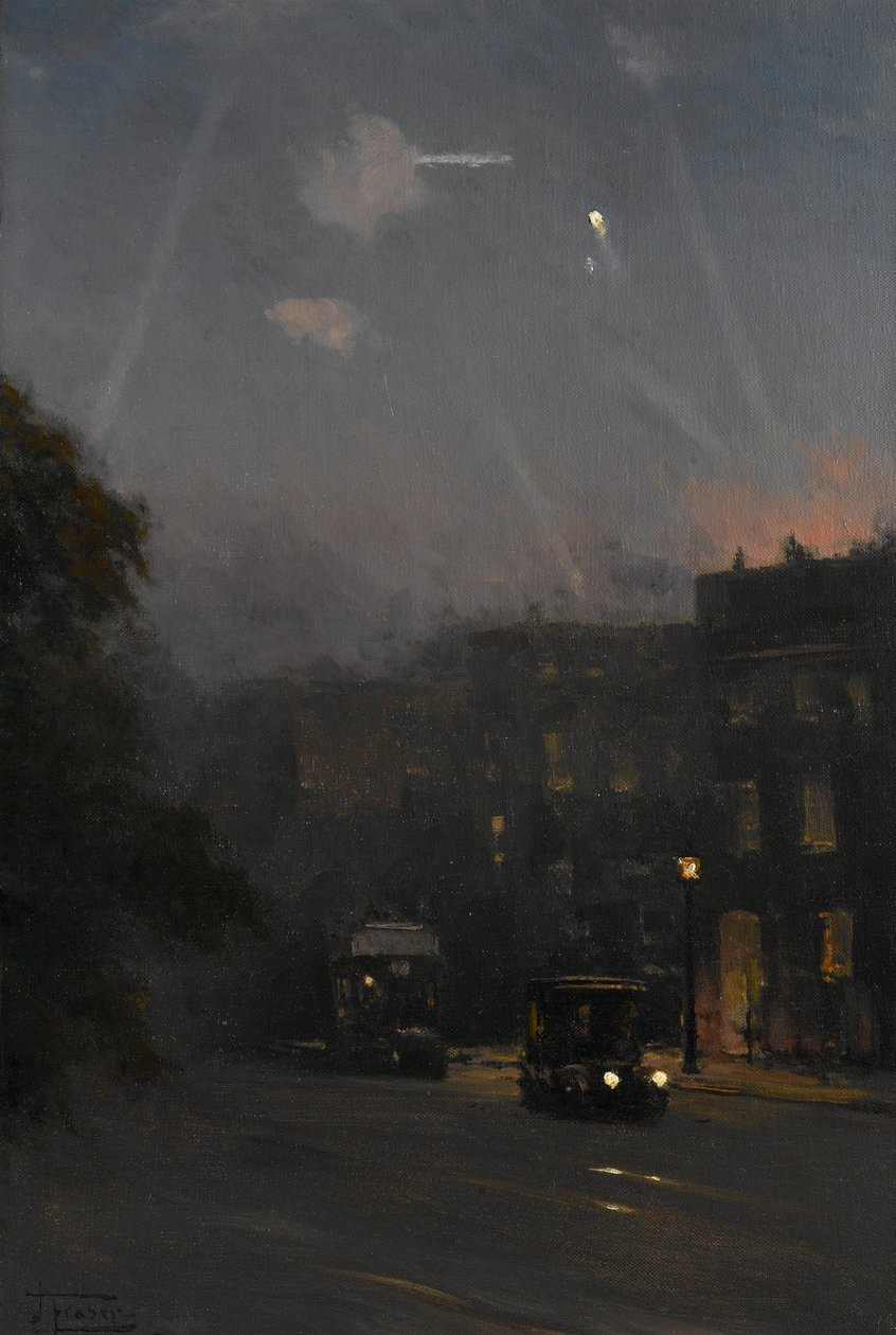 En Zeppelinräd, 8 oktober 1915, ca 1915-18 (olja på duk) av John Fraser