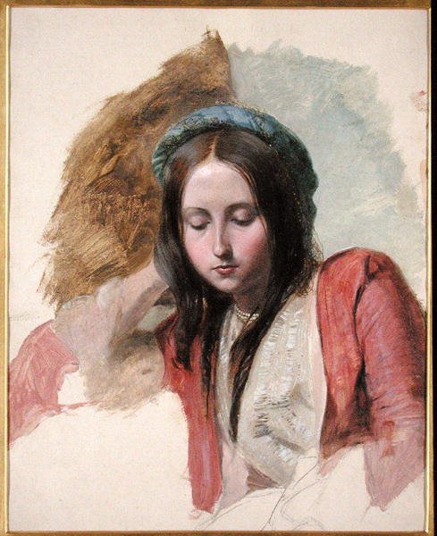 Studie av en kvinna (olja och penna på papper) av John Frederick (attr.to) Lewis