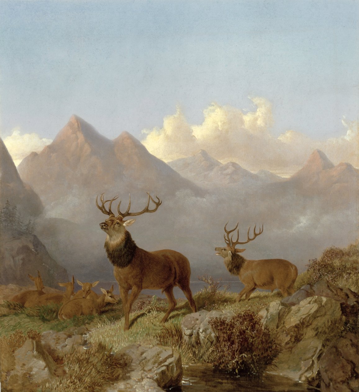 Detalj av hjortar och hindar i ett höglandslandskap, 1864 av John Frederick Herring Junior