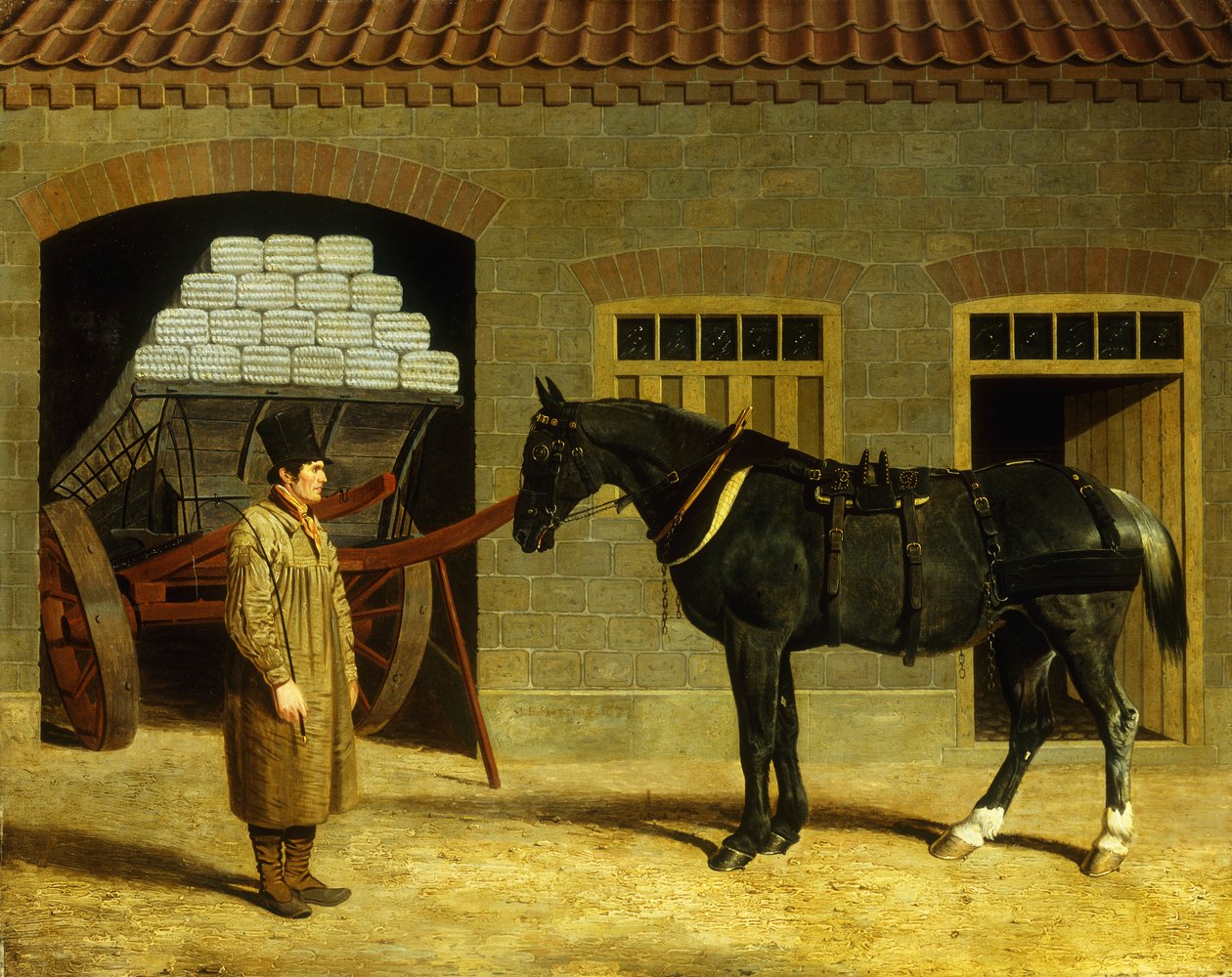 En vagnhäst och förare utanför ett stall, 1827 av John Frederick Herring Senior