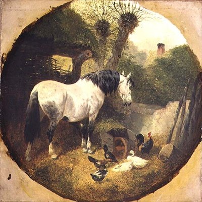 En vagnhäst som äter hö från en skottkärra på en gård av John Frederick Herring Senior