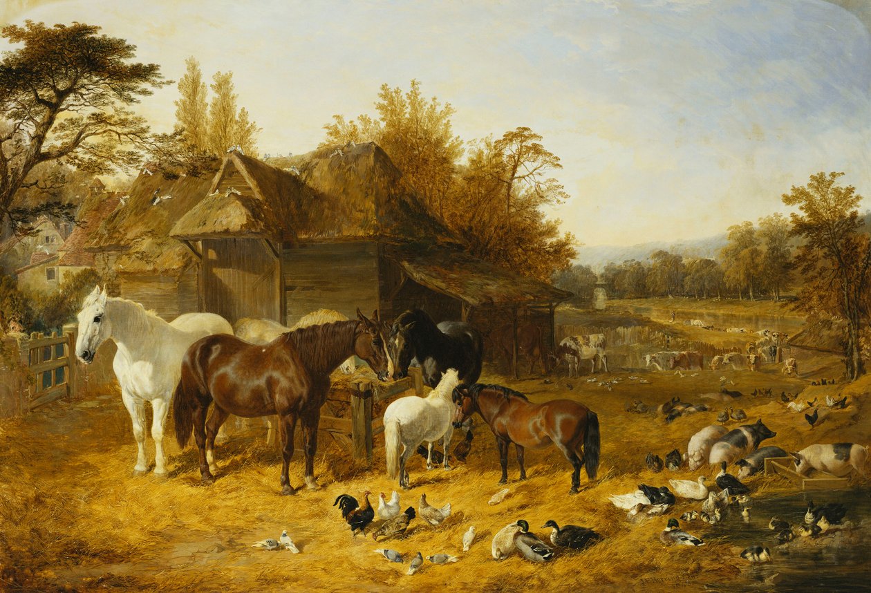 En gård med hästar och ponnyer, Berkshire, saddlebacks, Alderney Shorthorn Cattle, Bantams, gräsand och pärlhöns, med en herrgård vid en flod i fjärran, 1853 av John Frederick Herring Senior