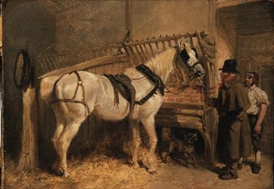 En St. Giles Cab-häst i ett stall med hästskötare av John Frederick Herring Senior