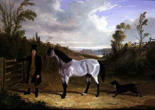 Benjamin Smiths brudgum Leslie, med favoritjägaren "Avondale" i ett landskap av John Frederick Herring Senior