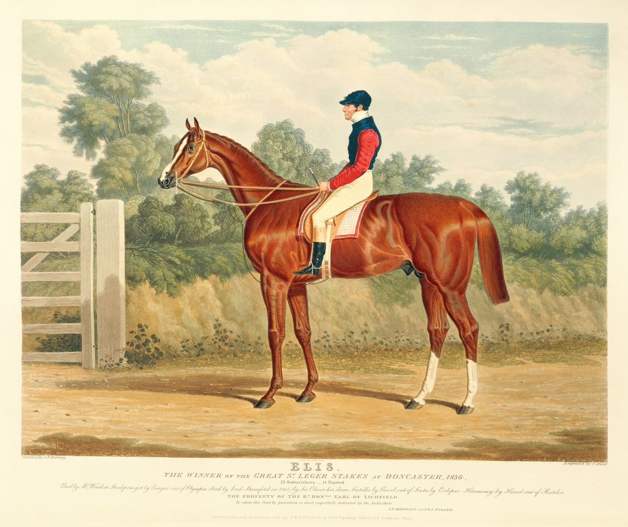 "Elis", vinnaren av St. Leger Stakes i Doncaster, 1836, graverad av Charles Hunt (1803-77), utgiven av S. und J. Fuller, 1836 (akvatint). av John Frederick Herring Senior