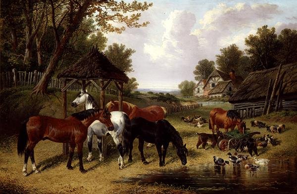 Hästar vid en gårdsdamm (olja på duk) av John Frederick Herring Senior