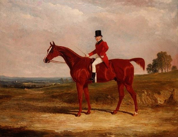Sir Hugh Hamilton Mortimer, Master of the Old Surrey Foxhounds, på en kastanjejägare i ett vidsträckt landskap av John Frederick Herring Senior