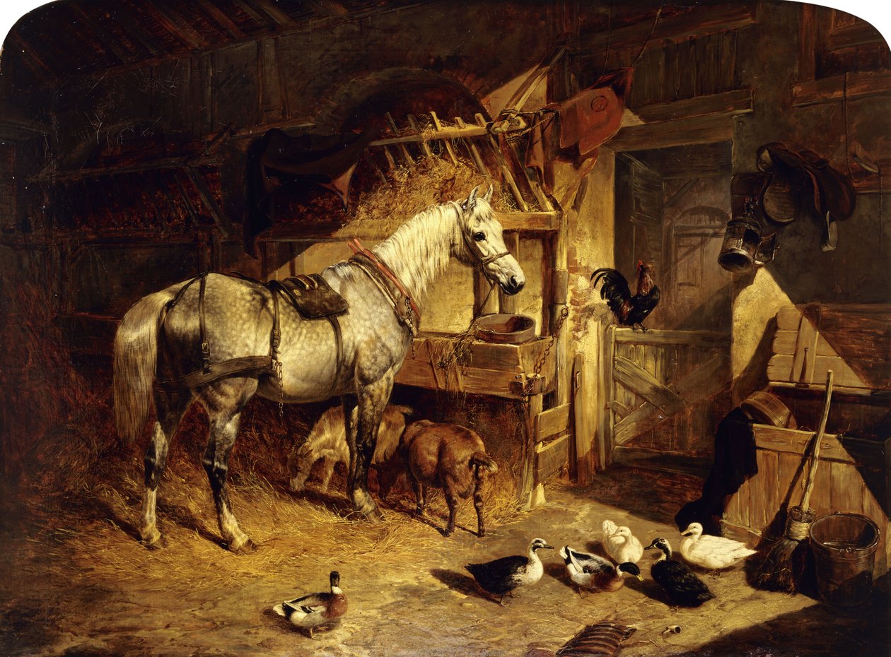 Interiören i ett stall med en dapple grå häst i sele, med ankor, getter och en tupp av en krubba, 1843 av John Frederick Herring Senior