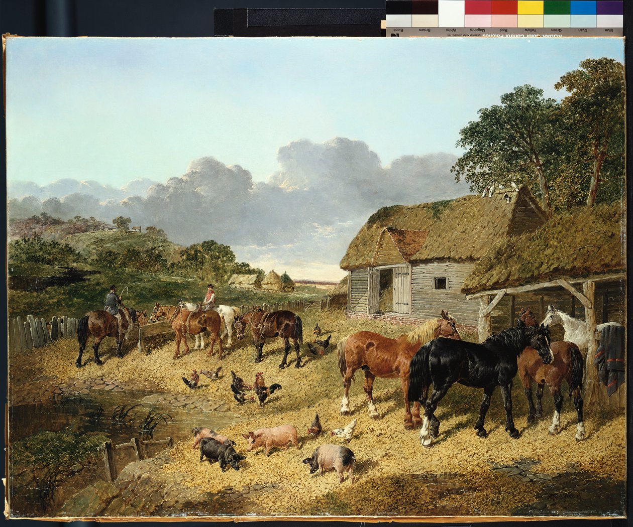 Hästar som dricker ur ett vattentråg, med grisar och höns på en gård av John Frederick Herring Junior