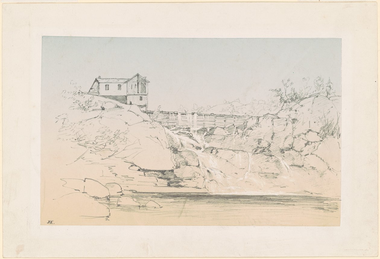 Byggnad vid en damm av John Frederick Kensett