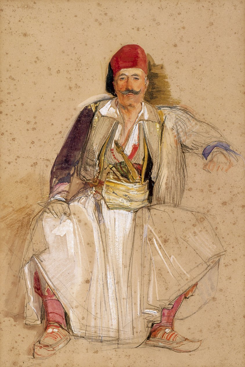 A Corfiote Warrior, sittande (akvarell över penna på benvitt papper) av John Frederick Lewis