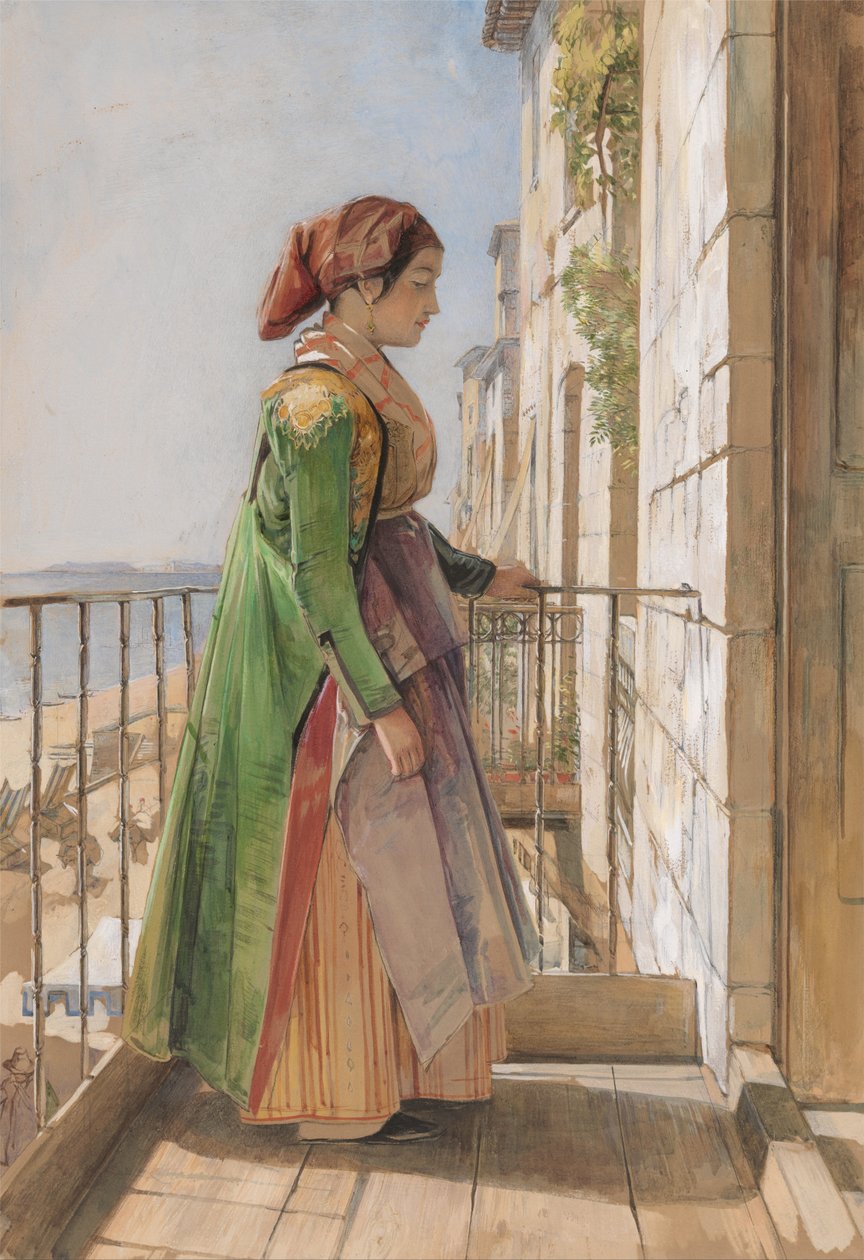 En grekisk flicka står på en balkong av John Frederick Lewis