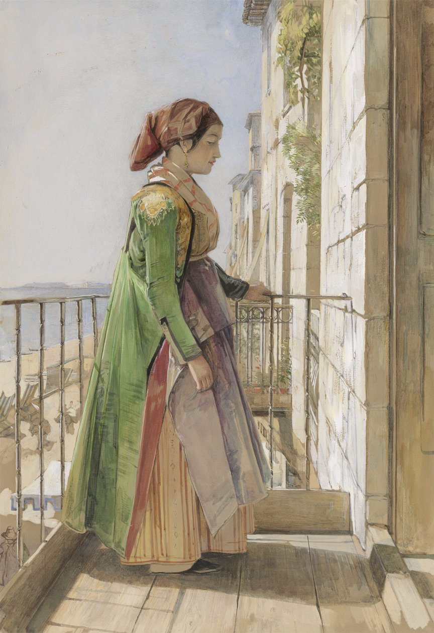 En grekisk flicka som står på en balkong, ca 1840 (akvarell och gouache över grafit på papper) av John Frederick Lewis