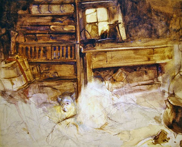 En terrier i en höglandsstuga (penna och akvarell på papper) av John Frederick Lewis