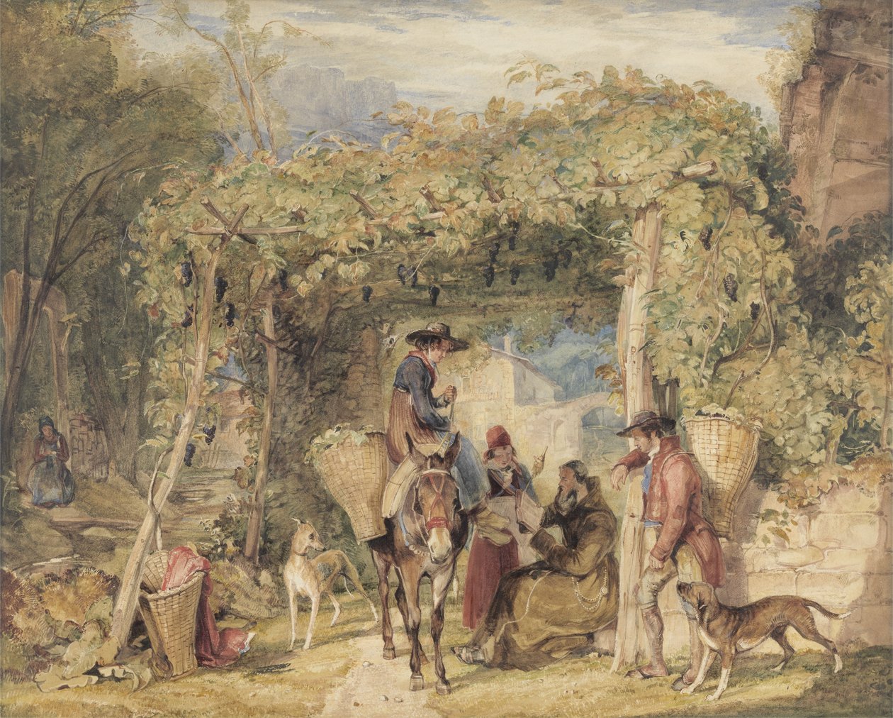 Figurer och djur i en vingård, ca 1829 (akvarell, gouache och grafit på papper) av John Frederick Lewis