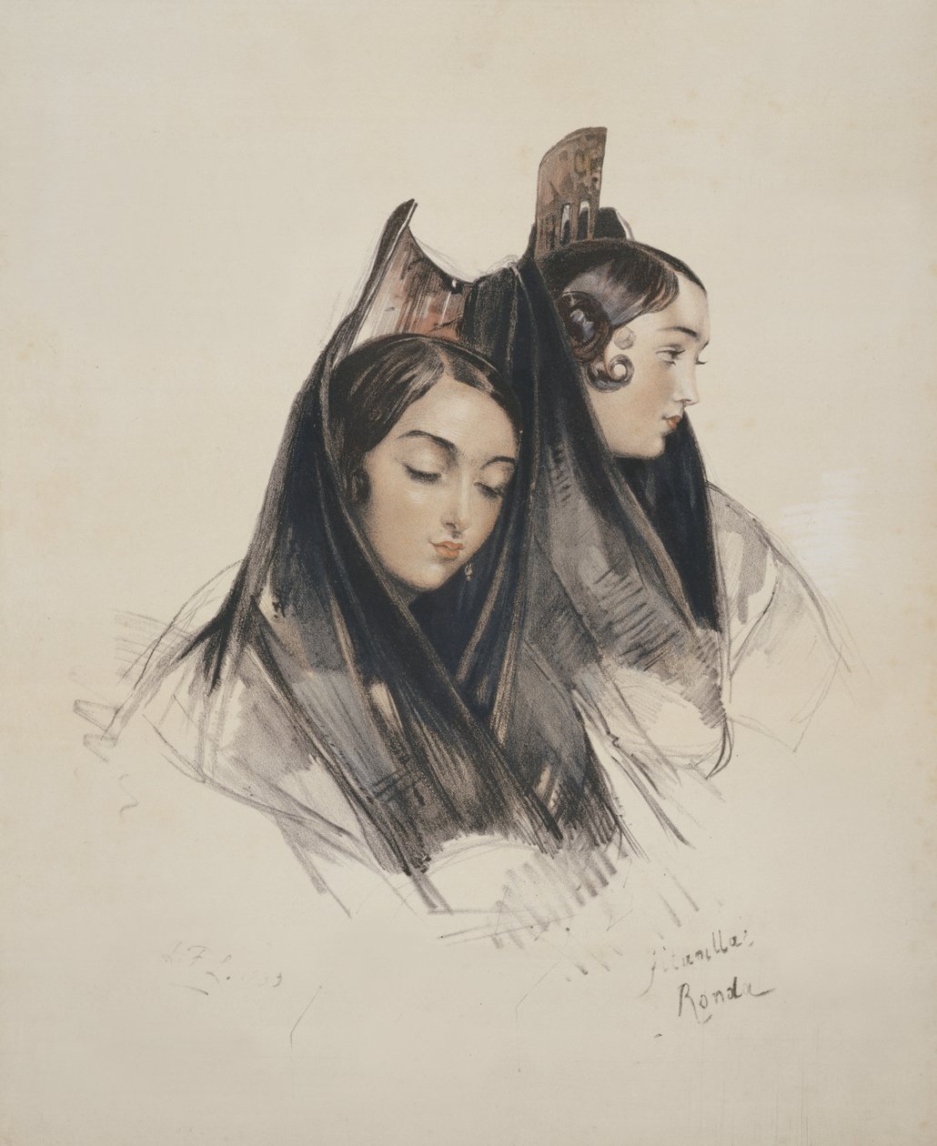 Girls of the Ronda, Andalusia, plåt 11 från Sketches of Spain, graverad av Charles Joseph Hullmandel (1789-1850) publicerad 1836 av John Frederick Lewis
