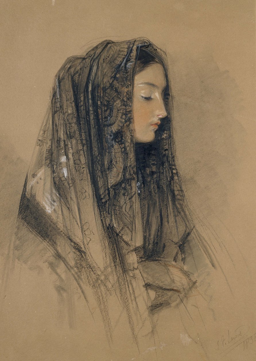 Head of an Italian Girl in a Mantilla, 1838 (röd och svart krita och indiskt bläck med akvareller och kroppsfärger på buff board) av John Frederick Lewis
