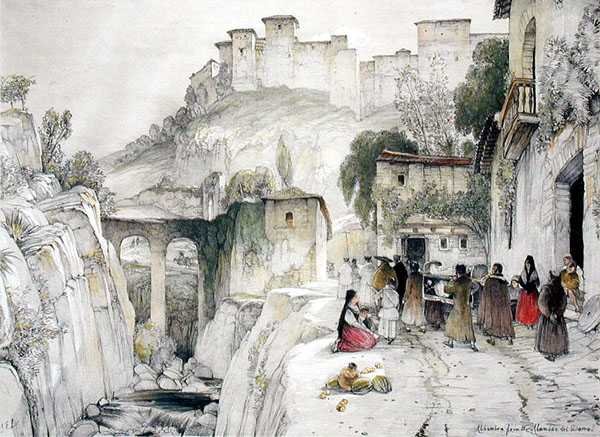 En del av Alhambra från Alameda del Darro, från "Sketches and Drawings of the Alhambra" av John Frederick Lewis