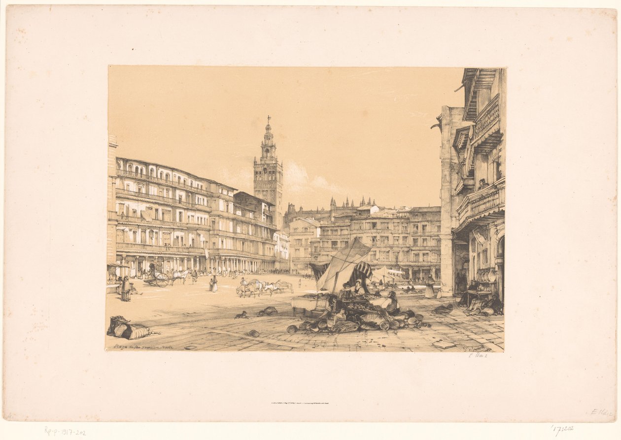 Skisser av en resa till Spanien: Plaza de San Francisco, i Sevilla Plaza de San Francisco, Sevilla (titel på objekt) av John Frederick Lewis