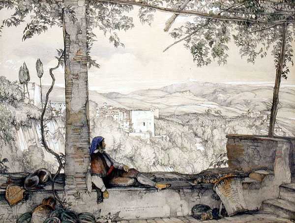 Sierra Nevada och en del av Alhambra, från Adarves, från "Sketches and Drawings of the Alhambra" av John Frederick Lewis