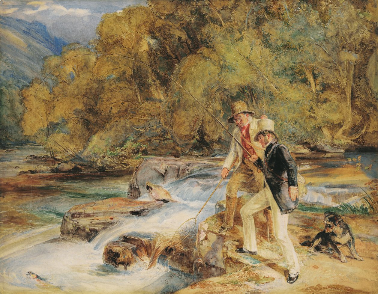 Sir Edwin Landseer, R.A. med en ghillie som fiskar lax, möjligen på floden Dart, nära Holne, Devon (penna & w/c med gummi arabicum & kroppsfärg & skrapa ut på papper) av John Frederick Lewis