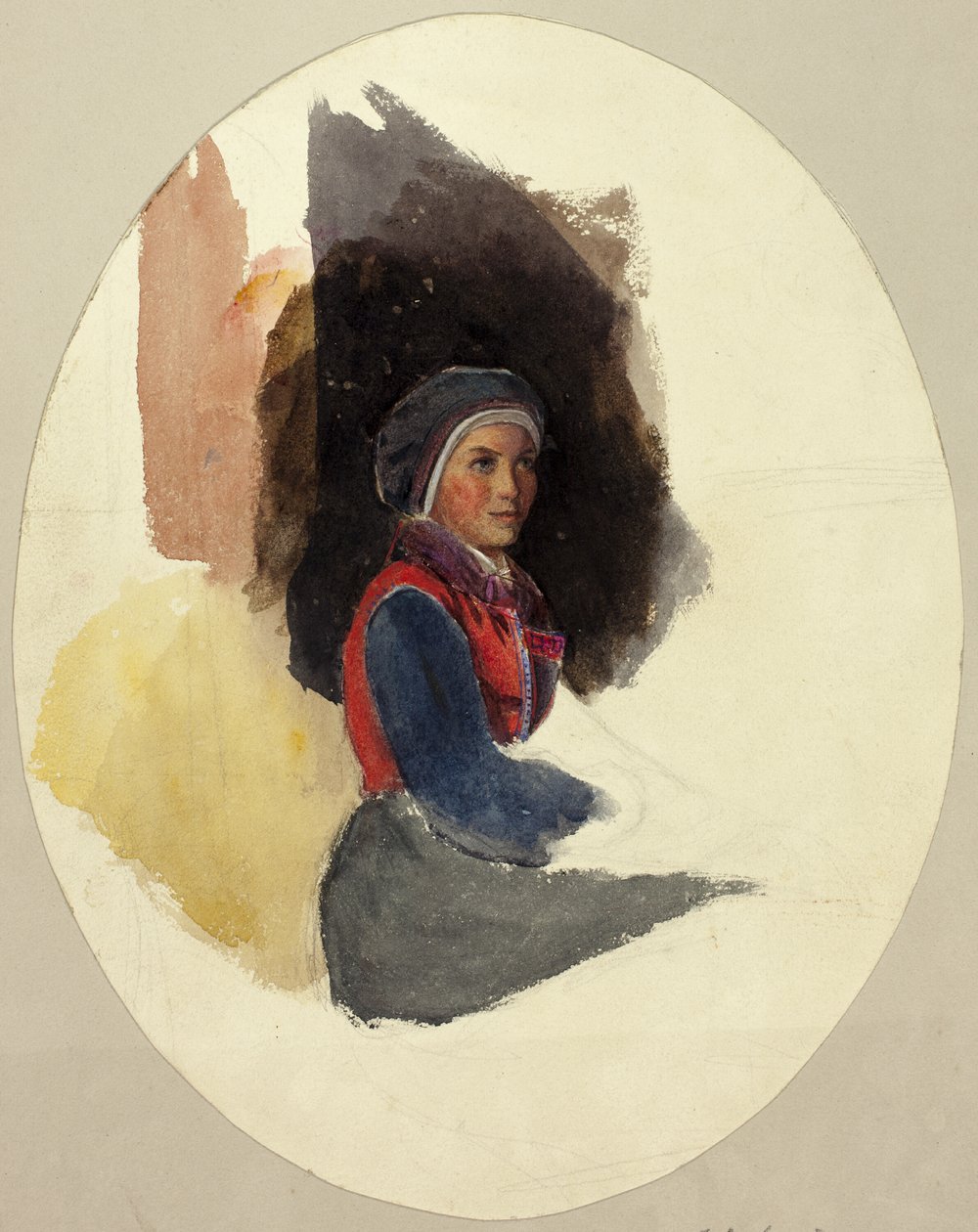 Skiss av sittande kvinna i bondedräkt av John Frederick Lewis