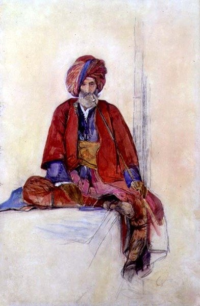 Studie av en sittande turk som röker en lång pipa, ca 1841 (krita, akvarell och gouache) av John Frederick Lewis