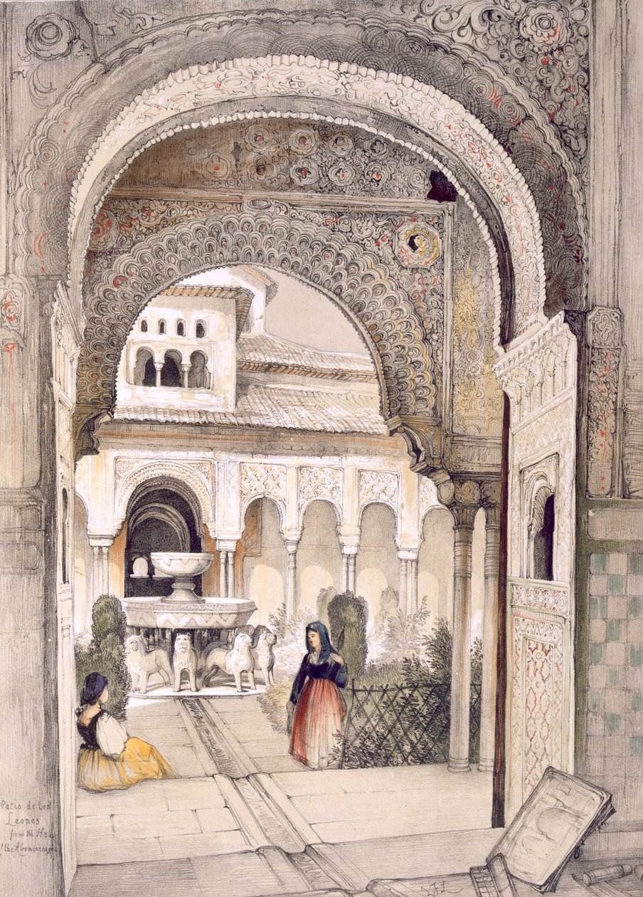 Lejonens fontän, från Abencerrajes-salen, från "Sketches and Drawings of the Alhambra", graverad av William Gauci (fl.1825-54) av John Frederick Lewis