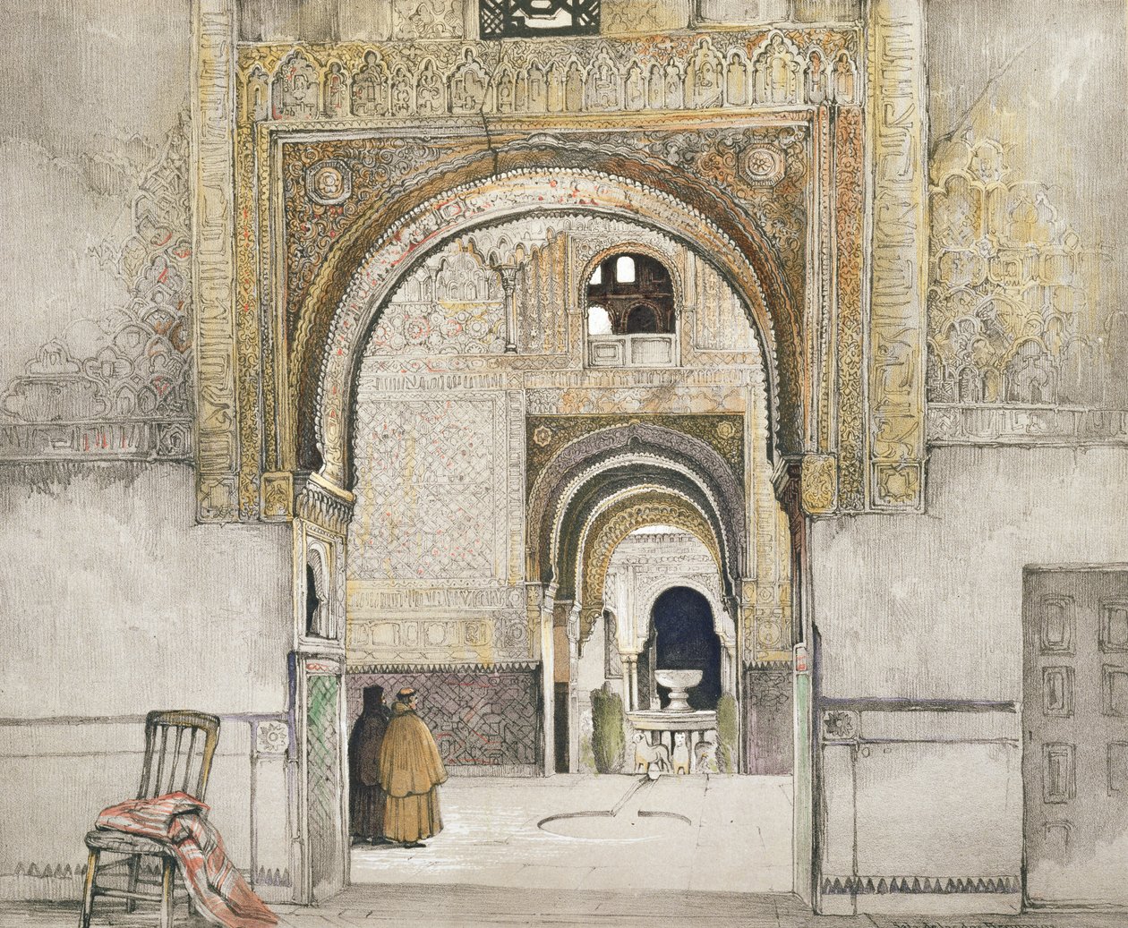De två systrarnas sal (Sala de las dos Hermanas), från "Sketches and Drawings of the Alhambra", graverad av Willam Gauci (fl.1825-54), 1835 av John Frederick Lewis