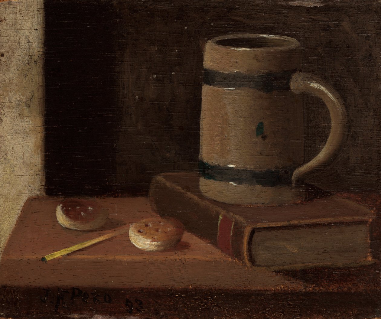 Mugg, bok, kex och tändsticka, 1893. av John Frederick Peto