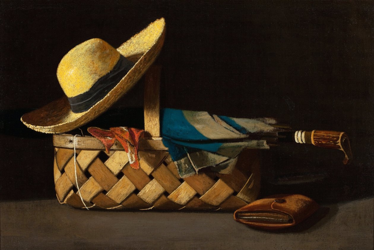 ""Marknadskorg, hatt och paraply"" (Marknadskorg, hatt och paraply) Stilleben - målning av John Frederick Peto (1854-1907) cirka 1890 Privat samling av John Frederick Peto