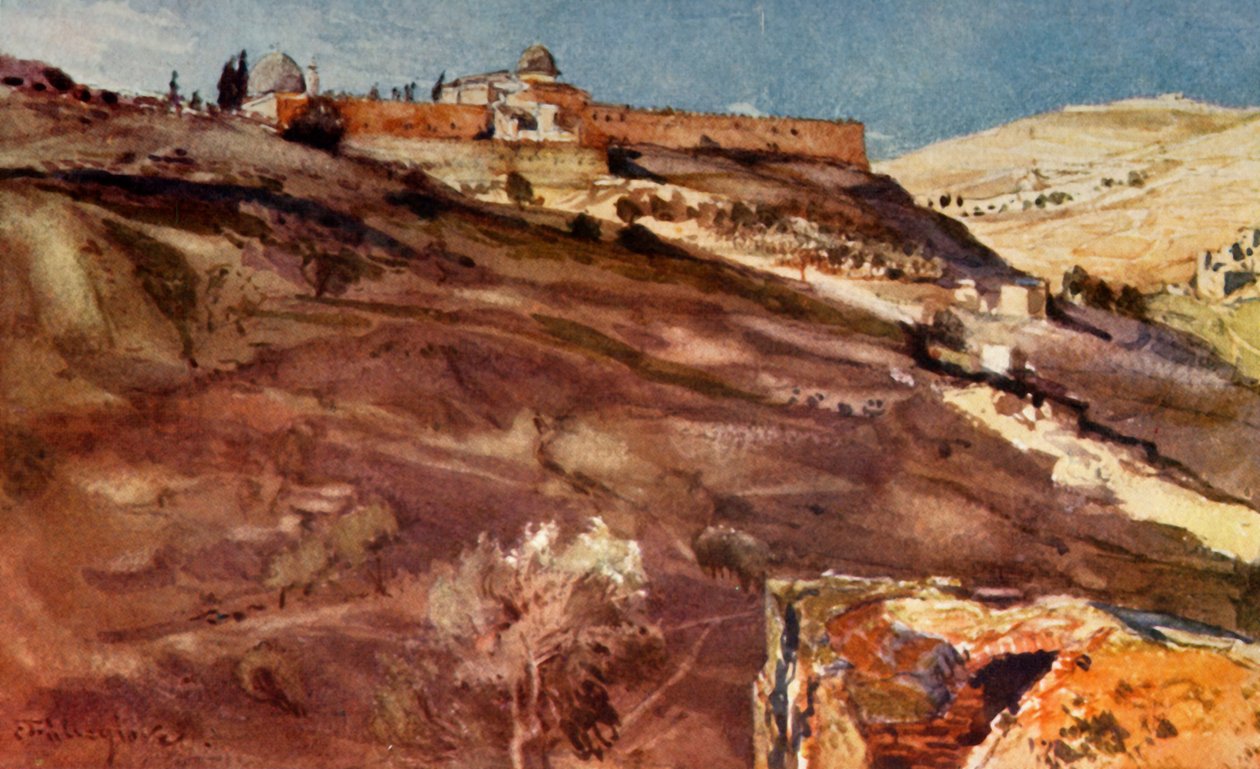 Jerusalem. - Tempelområdets södra mur, från Hinnomdalen, vid solnedgången 1902. av John Fulleylove