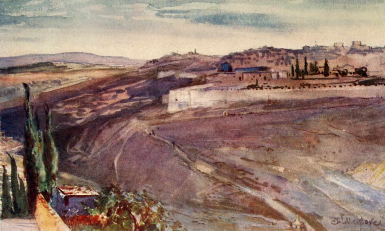 Jerusalem från den traditionella platsen på Oljeberget där Kristus grät över staden, 1902. av John Fulleylove