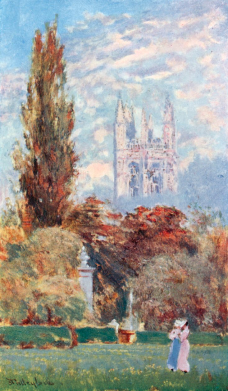 Magdalen Tower och Botaniska trädgården (färglitografi) av John Fulleylove