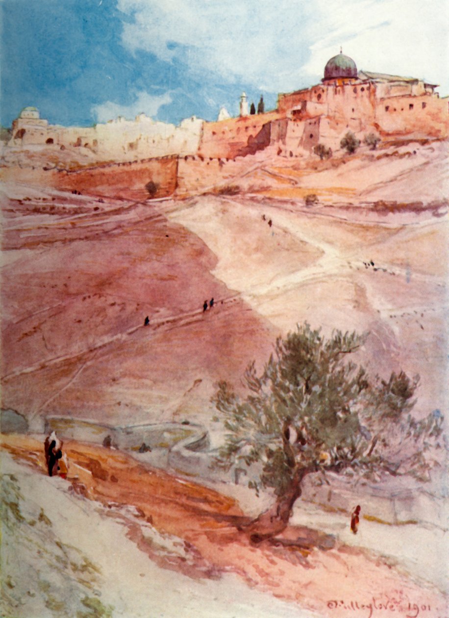 Jerusalems södra mur från norra änden av byn Siloam, 1902. av John Fulleylove