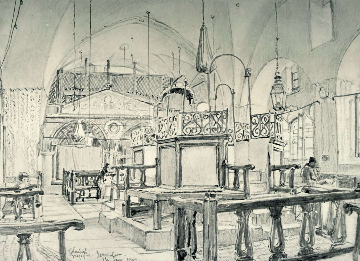 Spanska synagogan i Jerusalem - Interiör, 1902. av John Fulleylove
