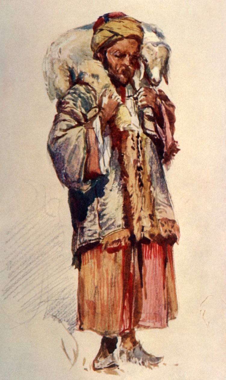 Syrisk herde Abu Mustapha som bär ett lamm på sina axlar, 1902. av John Fulleylove