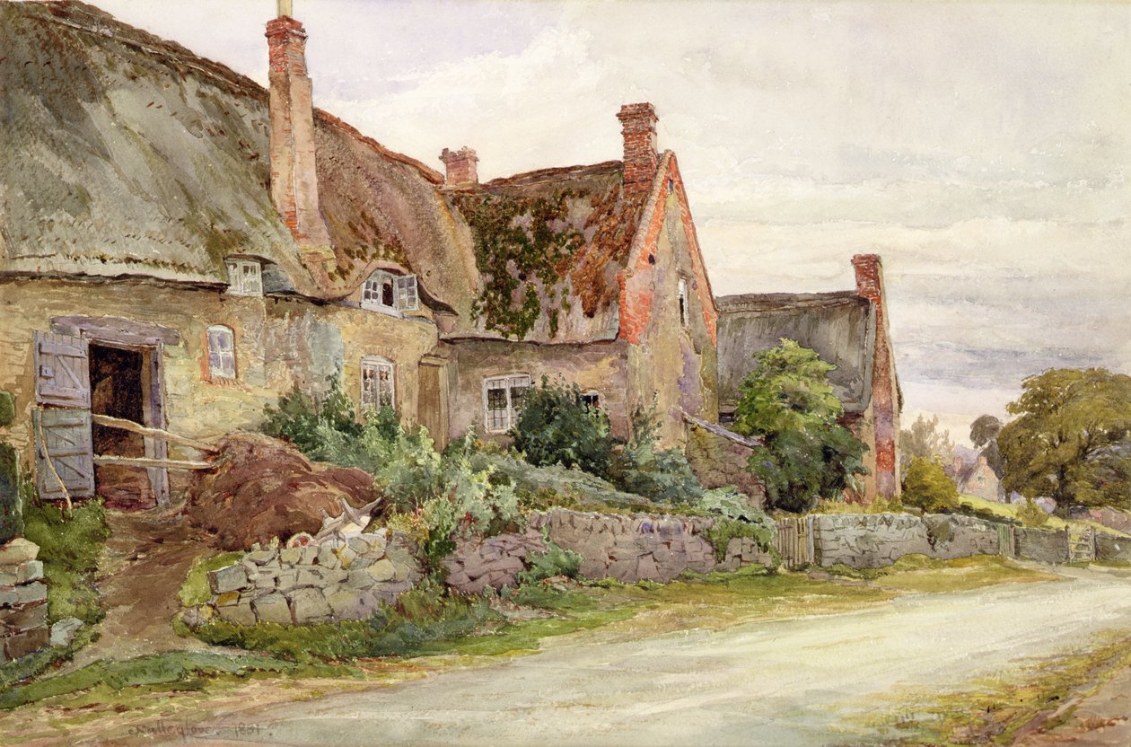 Halmtak stuga med lada angränsande, 1881 (wc & grafit på papper) av John Fulleylove