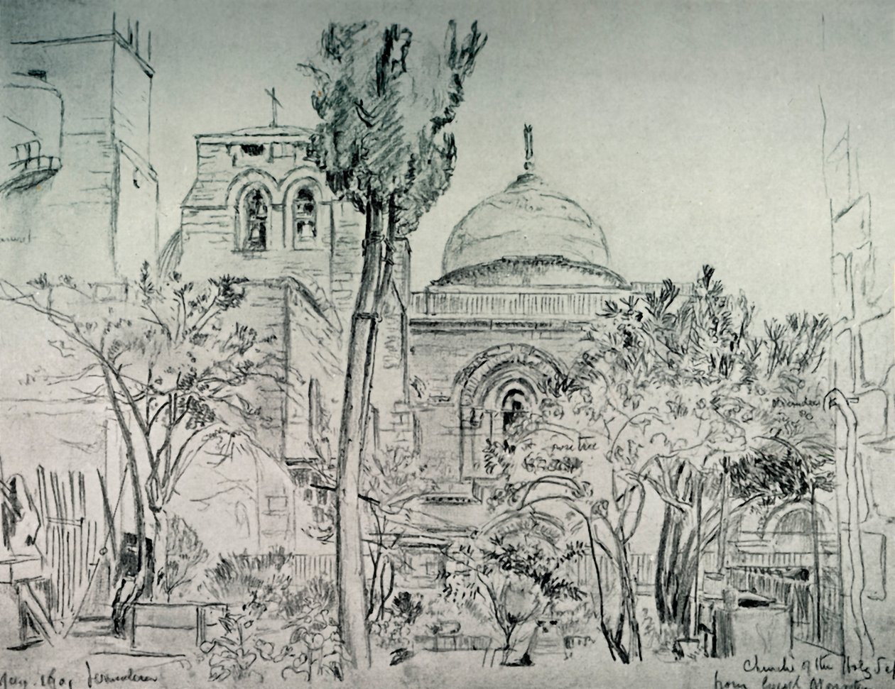 Heliga gravens kyrka från det grekiska klostrets trädgård, 1902. av John Fulleylove