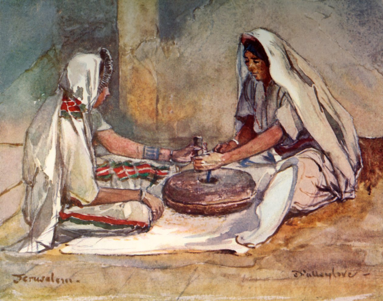 Två kvinnor som maler vid en handkvarn, 1902. av John Fulleylove